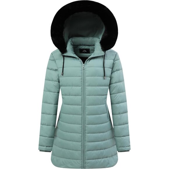 Women's Light Green Waterproof Long Down Jacketwarm Winter Hooded Puffer Coat